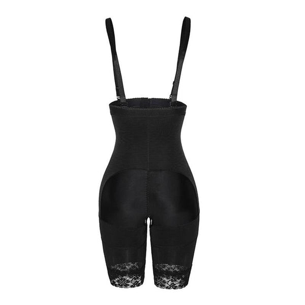 Zwarte shapewear bodysuit met verstelbare bandjes en kanten details, ontworpen voor figuurcorrectie en comfort. Perfect voor dagelijks gebruik.