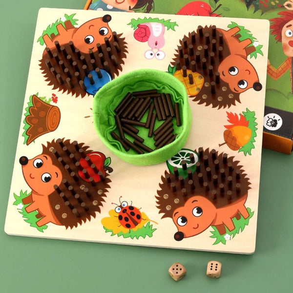 Houten egel bordspel voor kleuters, educatief speelgoed met kleurrijke egels en dobbelstenen, ideaal voor ontwikkeling en leren in de kleuterklas.