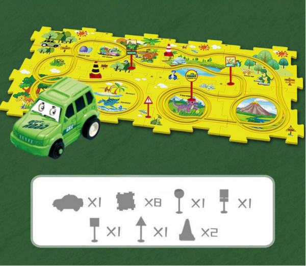 Groene speelgoedauto op kleurrijke dinosaurus-speelmat met puzzelstukken en verkeersborden. Educatief speelgoed voor kinderen, ideaal voor fantasierijk spel.