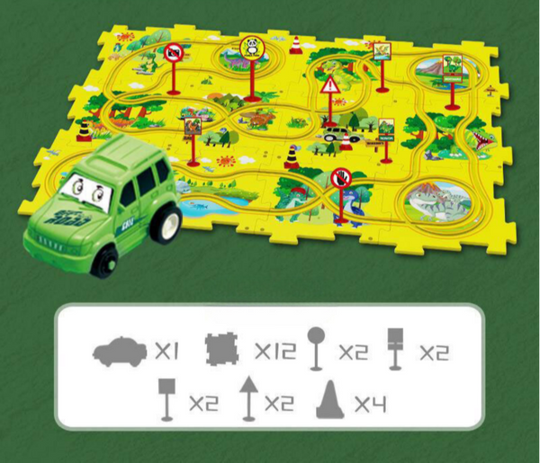 Speelmat met dinosaurus thema en speelgoedauto, inclusief verkeersborden en puzzelstukken. Educatief speelgoed voor kinderen, ideaal voor fantasierijk spel.