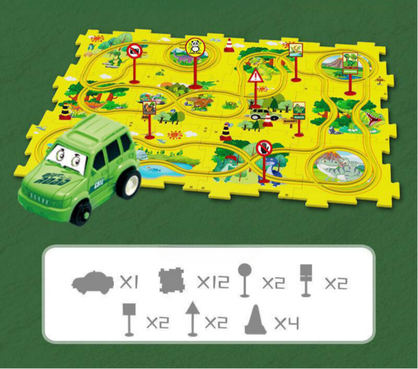 Groene speelgoedauto op een kleurrijke speelmat met wegen en verkeersborden, inclusief 25-delige set. Educatief speelgoed voor kinderen.