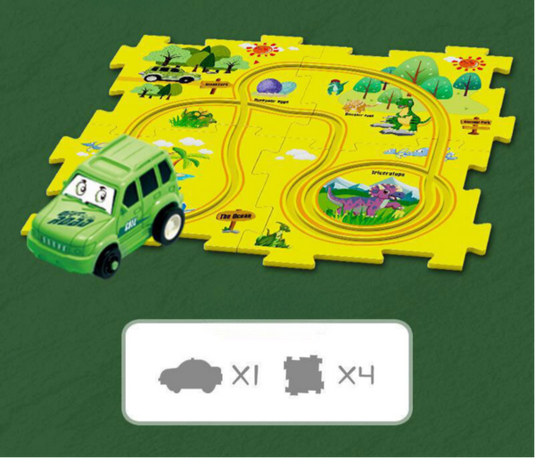 Groene speelgoedauto op een gele puzzelmat met dinosaurusmotief, inclusief vier puzzelstukken. Ideaal voor kinderen, educatief en leuk speelkleed.