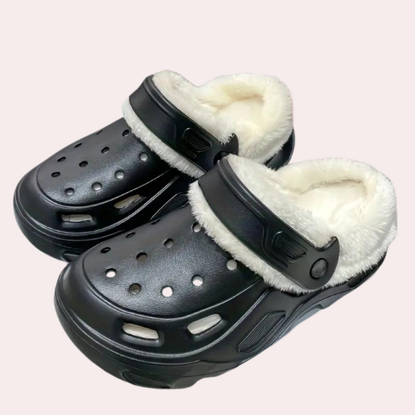 Zwarte klompen met witte bontvoering, comfortabele winterpantoffels voor binnen en buiten, uniseks design, antislip zool, ideaal voor koude dagen.