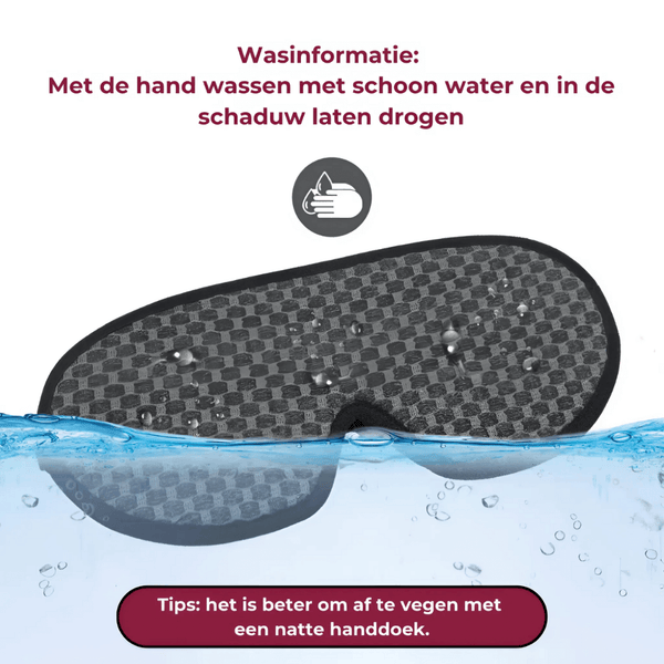 Ergonomisch slaapmasker met drukvrij oogontwerp, zwart met grijze ruitjes, wasinstructies: handwas en in de schaduw drogen.