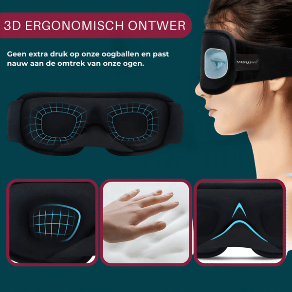 Ergonomisch slaapmasker met 3D-ontwerp, drukvrij voor ogen, comfortabel en verstelbaar. Ideaal voor betere slaap en ontspanning.