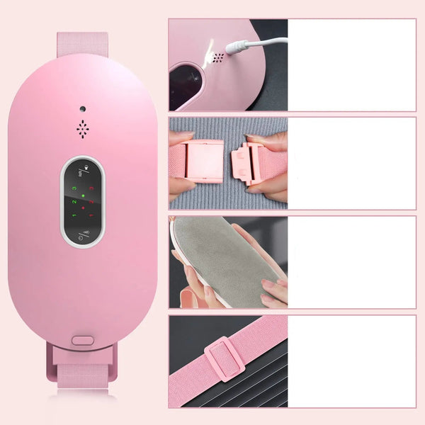 Roze draagbare verwarmingskussen met verstelbare band, oplaadbaar via USB, ideaal voor pijnverlichting en comfort, compact en gebruiksvriendelijk ontwerp.