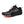 Zwarte minimalistische hardloopschoen met oranje zool en reflecterende strepen, ideaal voor trailrunning en outdoor activiteiten.