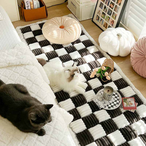 Twee katten op zwart-wit geruite katoenen bankhoes in woonkamer, omringd door decoratieve kussens en boeken. Gezellige huiselijke sfeer.