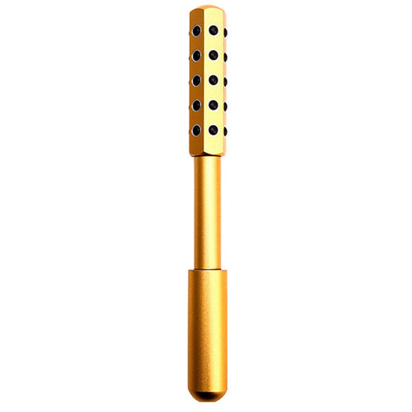 Gouden gezichtsmassageroller met zwarte edelstenen, ideaal voor huidverzorging en anti-aging. Luxe beautytool voor gezichtsmassage en ontspanning.