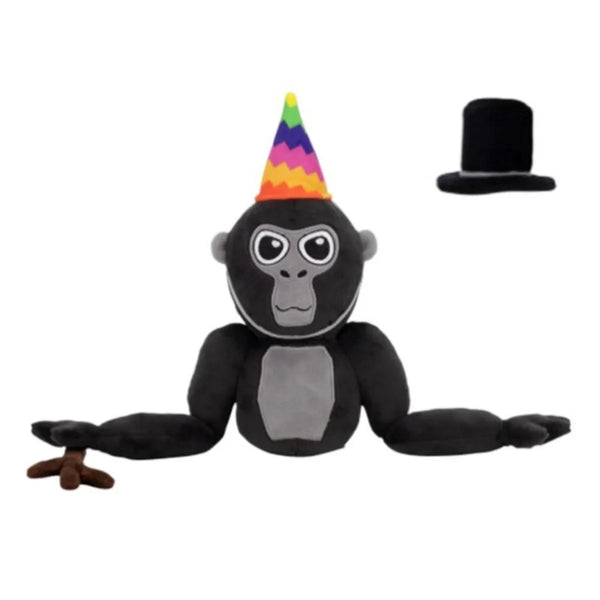 Pluche gorilla knuffel met feesthoed, zwart-grijs ontwerp, ideaal als cadeau voor kinderen. Inclusief afneembare hoge hoed. Perfect voor verjaardagen.