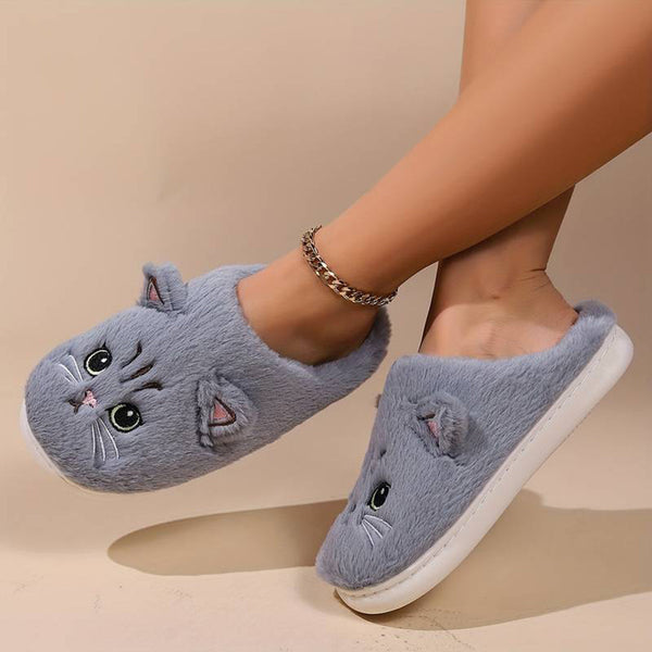 Grijze pluche pantoffels met kattengezicht, zachte voering, antislip zool, comfortabele dames huisschoenen, perfect voor binnengebruik.