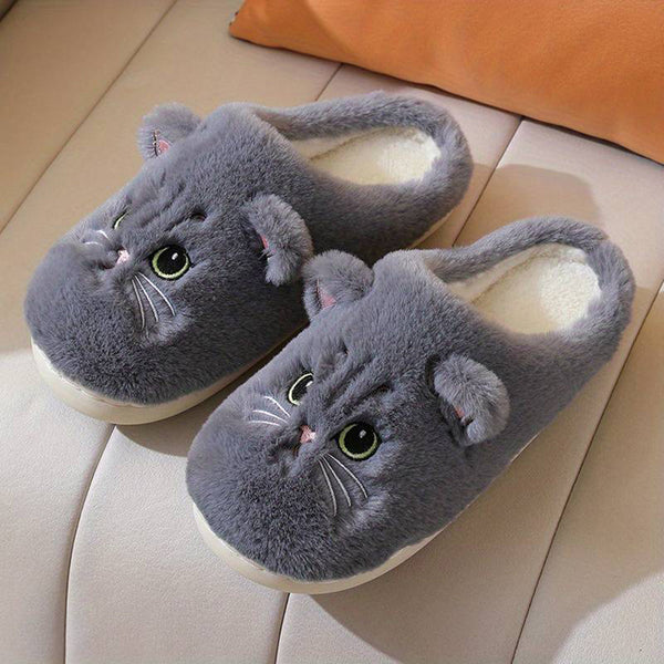 Grijze pluche pantoffels met kattengezicht, warme winter sloffen voor dames, comfortabele antislip huisschoenen, schattig kattendesign.