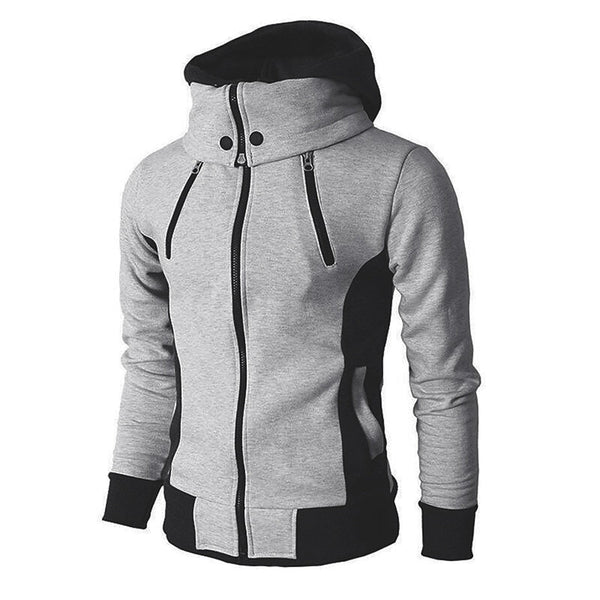 Grijze heren hoodie met zwarte accenten, ritssluiting en capuchon. Comfortabele sportkleding, ideaal voor casual en sportieve outfits.