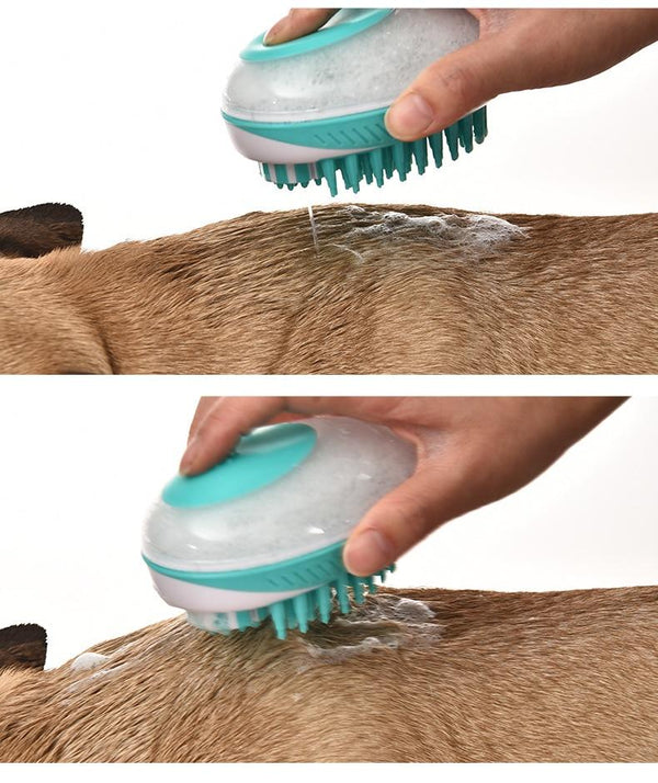 Hondenshampoo borstel met zeepdispenser, turquoise, wordt gebruikt op hondenhuid. Ideaal voor vachtverzorging en reiniging. Handig en effectief.