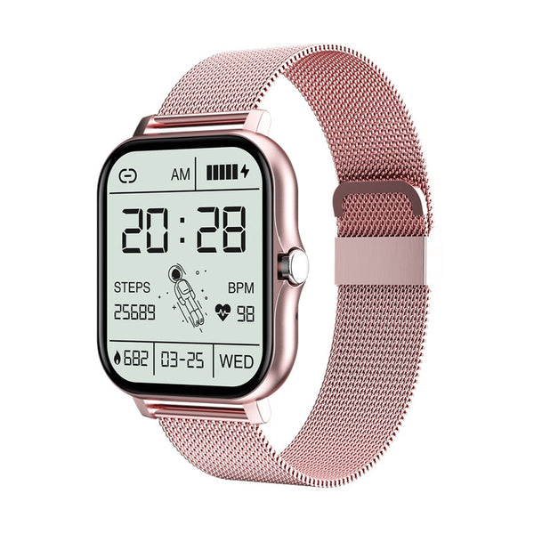 Roze smartwatch met metalen band, rechthoekig scherm, gezondheidsmonitoring, stappenteller, hartslagmeter, datum- en tijdweergave.