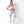 Vrouw in kleurrijke tie-dye sportset, bestaande uit een sportbeha en legging, poseert tegen witte achtergrond. Fitnessmode, actieve kleding.