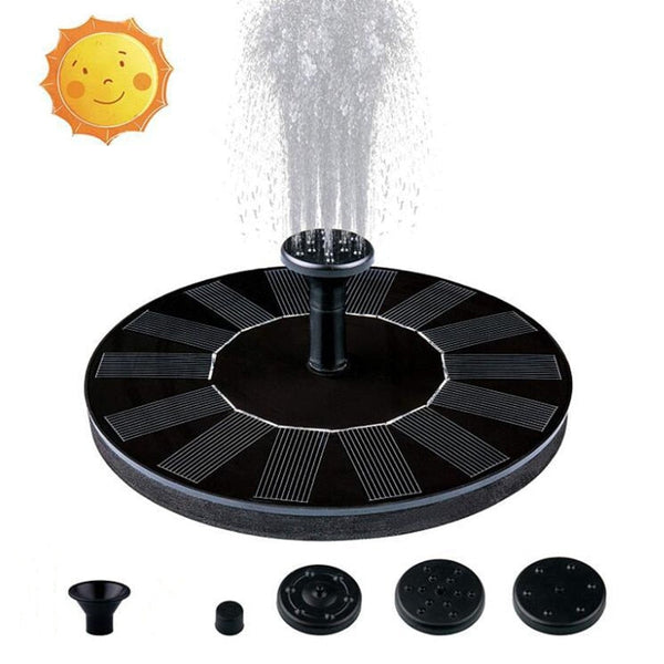 Zonnefontein op zonne-energie, drijvend op water, met verschillende sproeikoppen. Ideaal voor vijvers, tuinen en waterpartijen. Milieuvriendelijk ontwerp.