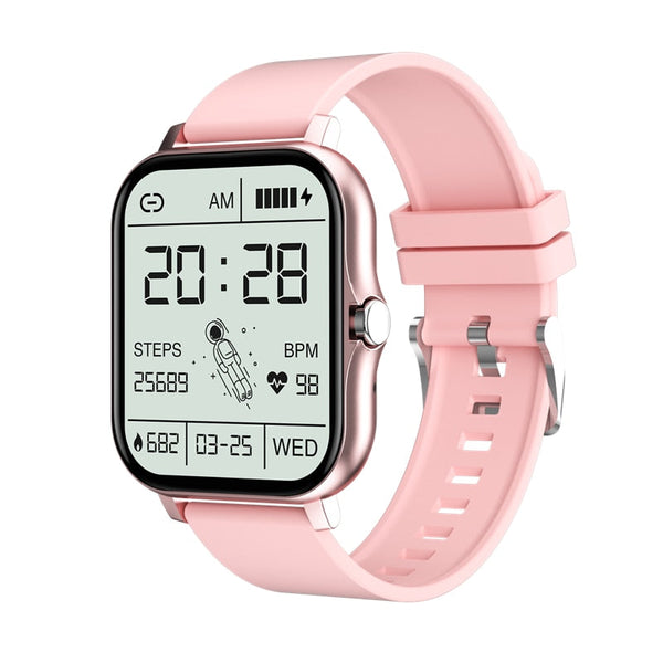 Roze smartwatch met rechthoekig scherm, toont tijd, stappen, hartslag en datum. Modern design, ideaal voor fitness en gezondheidstracking.