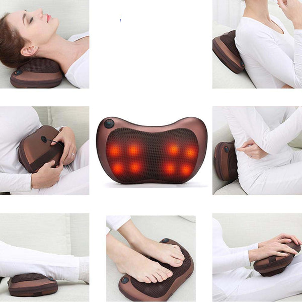 Elektrische massagekussen met warmtefunctie, bruin, voor nek, rug en voeten. Ideaal voor ontspanning en pijnverlichting thuis.
