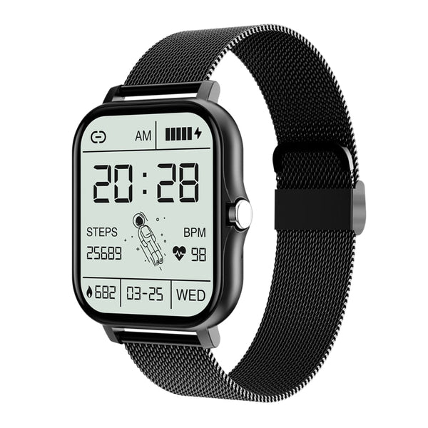 Zwarte smartwatch met rechthoekig scherm, toont tijd, datum, stappen, hartslag en batterijstatus. Modern design, metalen band. Geschikt voor fitness.