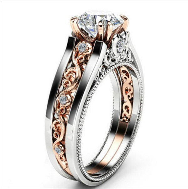 Verlovingsring met diamanten, witgoud en roségoud, sierlijke gravures, vintage stijl. Perfect voor huwelijksaanzoek, luxe sieraden.
