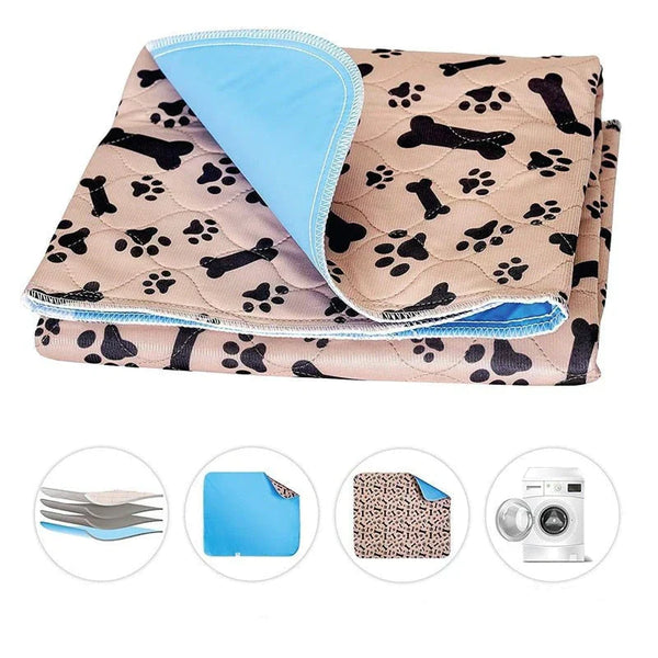 Waterdichte hondenmat met pootafdruk en bottenpatroon, wasbaar, antislip, ideaal voor huisdieren, beige en blauw, duurzaam en herbruikbaar.