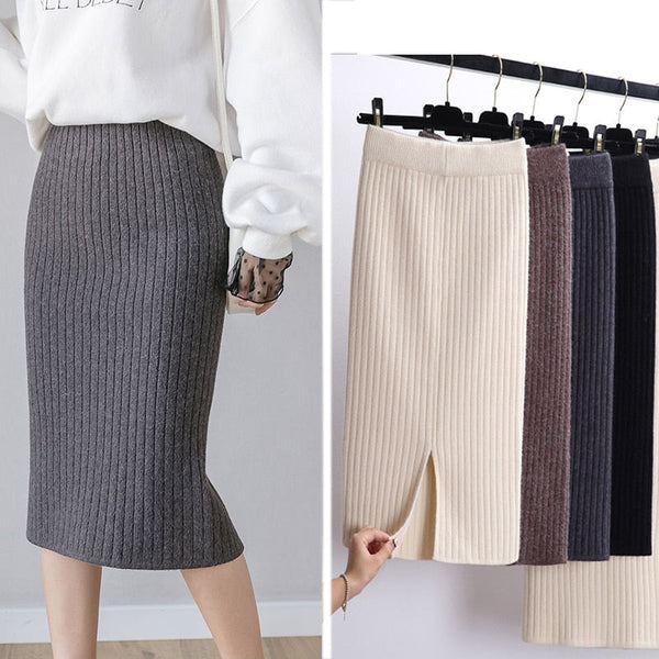 Ribgebreide midi-rok in grijs, beige, bruin en zwart, damesmode, elegante stijl, comfortabele pasvorm, geschikt voor herfst- en winterseizoen.