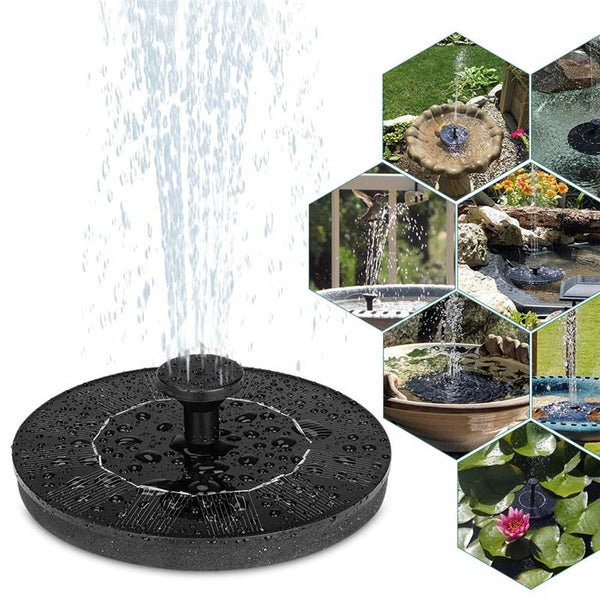 Zwarte zonnefonteinpomp voor vijver, tuin of vogelbad. Milieuvriendelijk, op zonne-energie, eenvoudig te installeren, ideaal voor buitengebruik.