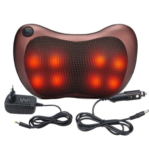 Elektrische nekmassagekussen met infrarood warmte, zes roterende massagekoppen, inclusief autoadapter en stroomadapter, ideaal voor ontspanning.