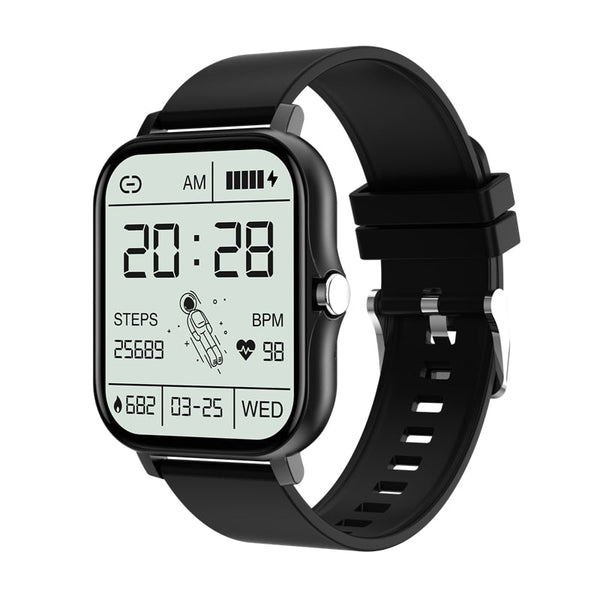 Zwarte smartwatch met rechthoekig scherm, toont tijd, stappen, hartslag en datum. Ideaal voor fitness en gezondheidstracking. Modern design.