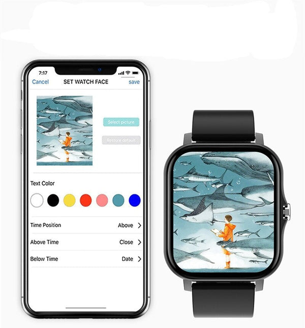 Smartwatch met zwart bandje toont kleurrijke wijzerplaat met jongen en haaien. Smartphone-app voor wijzerplaatinstellingen zichtbaar. Innovatieve technologie.