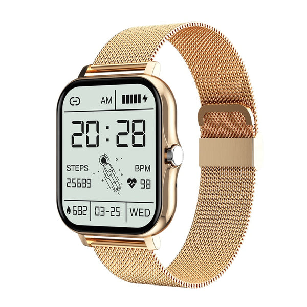 Gouden smartwatch met rechthoekig scherm, gezondheidsmonitoring, stappenteller, hartslagmeter en metalen band. Modern design, digitale wijzerplaat.