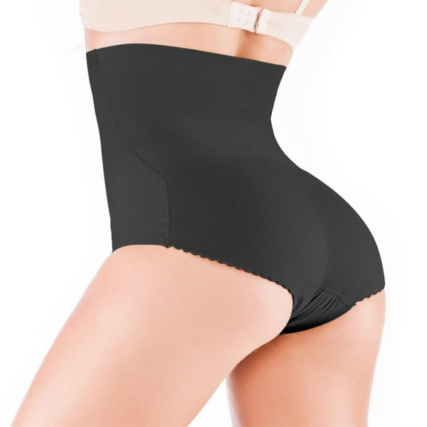 Zwarte hoge taille shapewear slip voor dames, naadloos en comfortabel, biedt buikcontrole en liftend effect, ideaal voor onder strakke kleding.