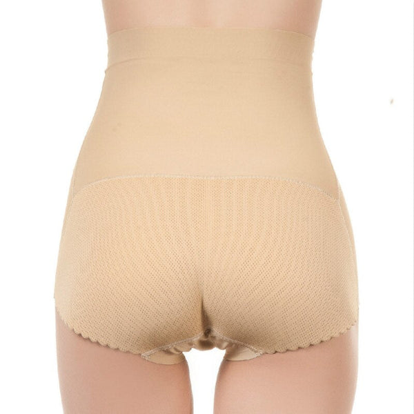 Dames corrigerend ondergoed, hoge taille, naadloos, beige kleur, rugaanzicht. Comfortabele shapewear voor een slanker silhouet.