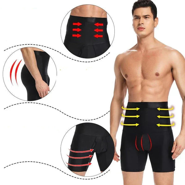 Man in zwarte compressieshorts voor mannen, met slankmakende en buikondersteunende eigenschappen. Ideaal voor sport en dagelijks gebruik.