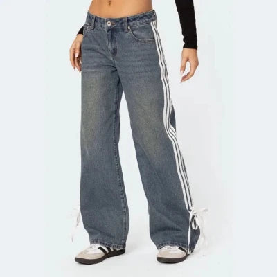 Y2k wijde jeans voor dames met zijstrepen en veterdesign, vintage baggy denim, modieuze streetwear, casual stijl.