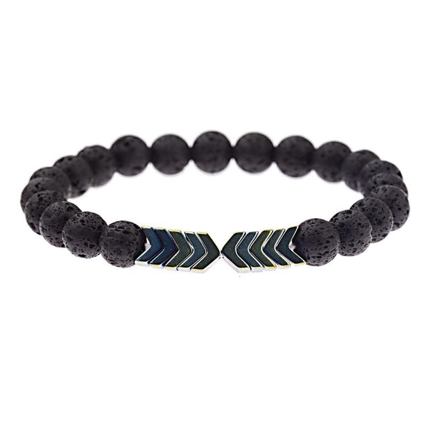 Zwarte lavasteen armband met pijlvormige kralen, elastisch ontwerp, unisex sieraden, modieuze polsaccessoire, handgemaakt, spirituele betekenis.