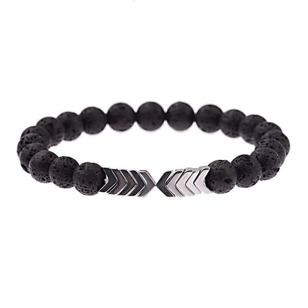 Zwart lavasteen armband met zilveren pijlpunt details, unisex design, elastisch, geschikt voor dagelijks gebruik en modieuze accessoires.