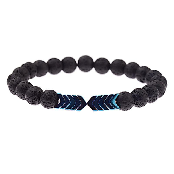 Zwarte lavasteen armband met blauwe pijlpunt accenten, elastisch ontwerp, unisex sieraden, modieuze polsaccessoire, handgemaakt.