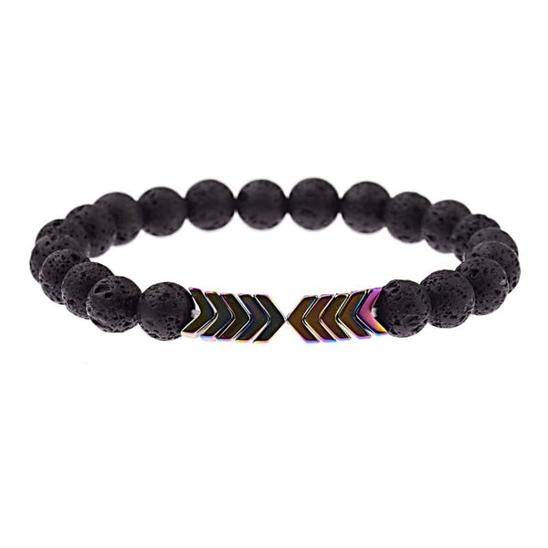 Zwarte lavasteen armband met regenboogkleurige pijlpunt kralen, elastisch ontwerp, unisex sieraden, modieuze polsaccessoire.