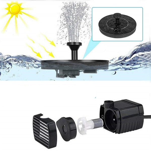 Zonne-energie fonteinpomp met sproeikop, drijvend op water. Ideaal voor vijvers en tuinen. Milieuvriendelijk, energiezuinig ontwerp.