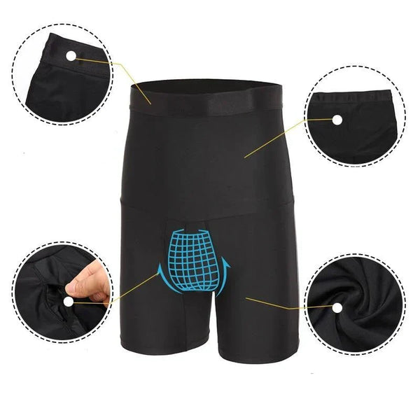 Zwarte compressieshorts voor heren met hoge taille, ademend materiaal en verstevigde kruiszone. Ideaal voor sport en fitness.