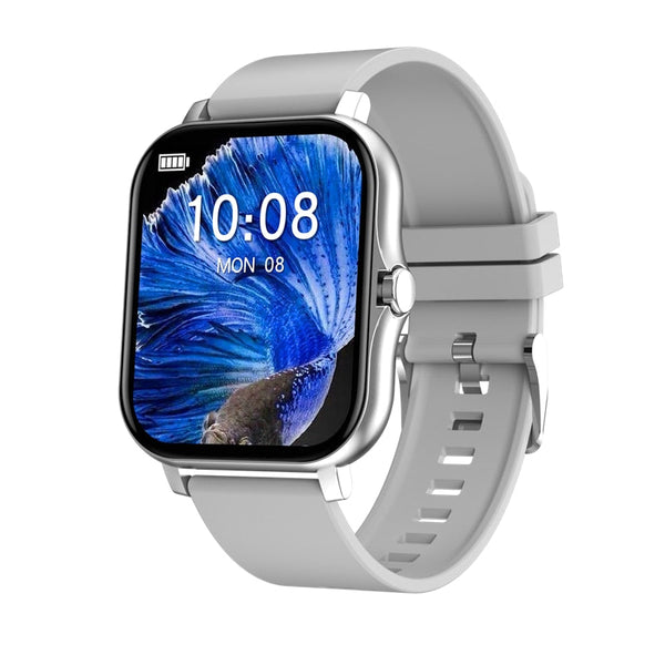 Grijze smartwatch met rechthoekig scherm, digitale tijdweergave en blauwe abstracte achtergrond. Modern design, geschikt voor fitness en dagelijks gebruik.