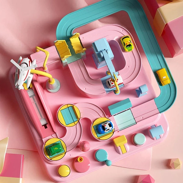 Speelgoed racebaan voor kinderen, roze en blauw, met auto's en vliegtuig, educatief en interactief, perfect voor peuters en kleuters.