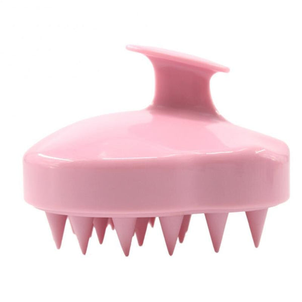 Roze siliconen hoofdhuidmassageborstel met handvat, ideaal voor haarverzorging en hoofdhuidstimulatie. Perfect voor dagelijks gebruik onder de douche.