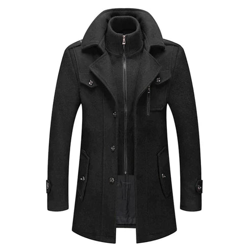 Zwarte heren winterjas met hoge kraag, knopen en rits. Stijlvolle wollen mantel voor koude seizoenen. Perfect voor formele en casual gelegenheden.