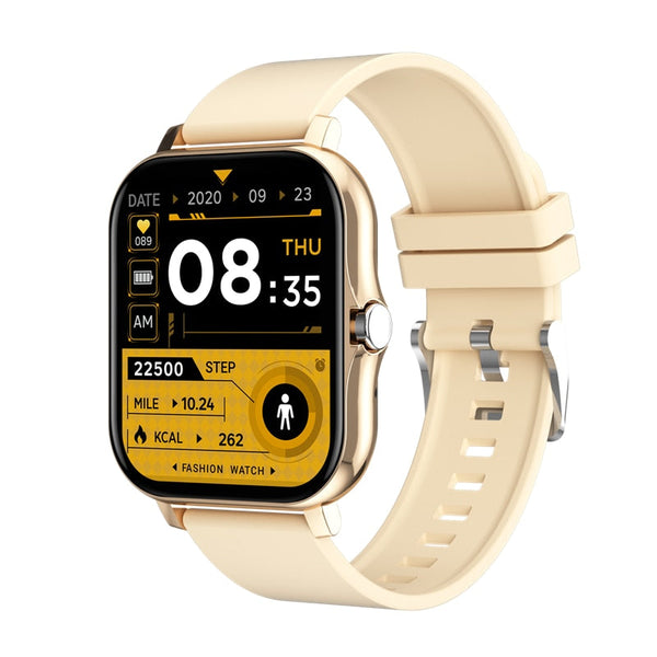 Gouden smartwatch met rechthoekig scherm, gezondheids- en fitnessfuncties, datum- en tijdweergave. Stijlvol ontwerp, siliconen band.