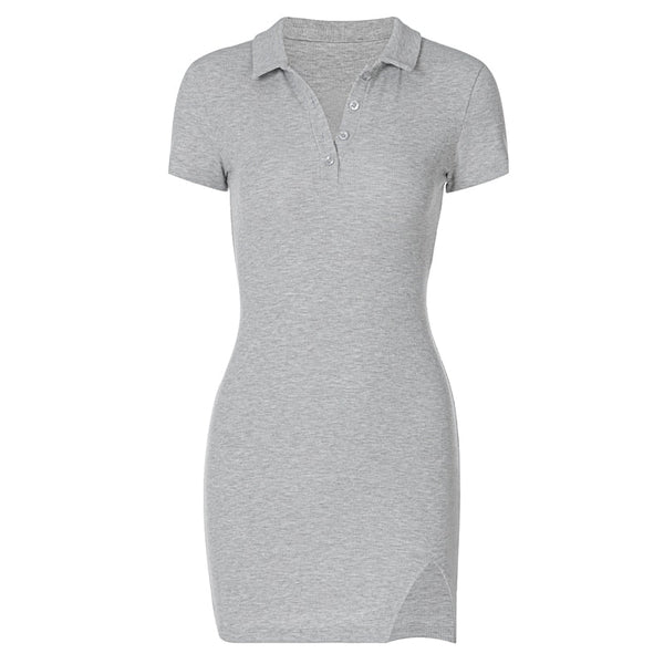 Grijze polo-jurk met korte mouwen en knoopsluiting, gemaakt van stretchstof. Perfect voor casual en stijlvolle damesmode.