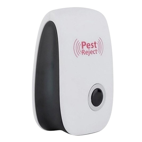 Ultrasone ongedierteverjager, wit en zwart, met "Pest Reject" logo. Elektronisch apparaat voor insecten- en knaagdierbestrijding in huis.