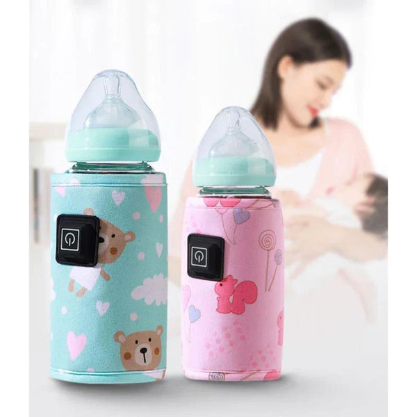 Babyflesverwarmer met schattige dierenprint, draagbaar en USB-oplaadbaar. Ideaal voor onderweg, past op standaard babyflessen.
